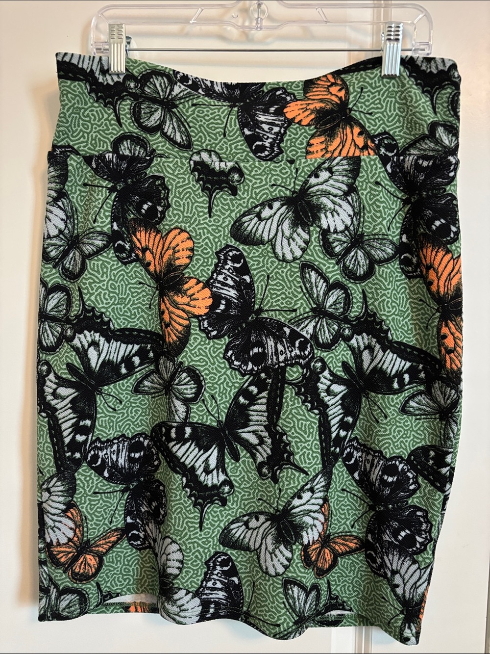 LuLaRoe Green Butterfly Print Pencil Skirt with Orange Accents XL